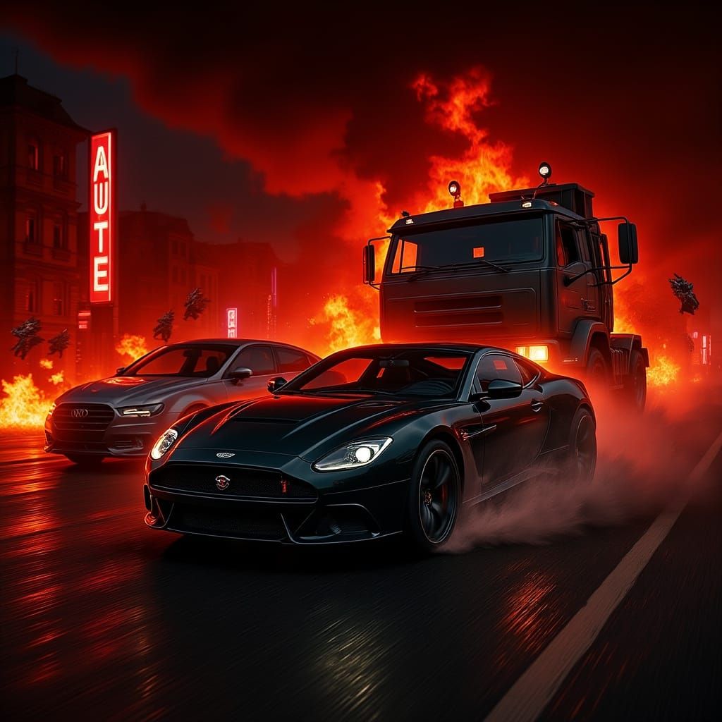 Black Supercar Drifting Through Neon City: Action Scene