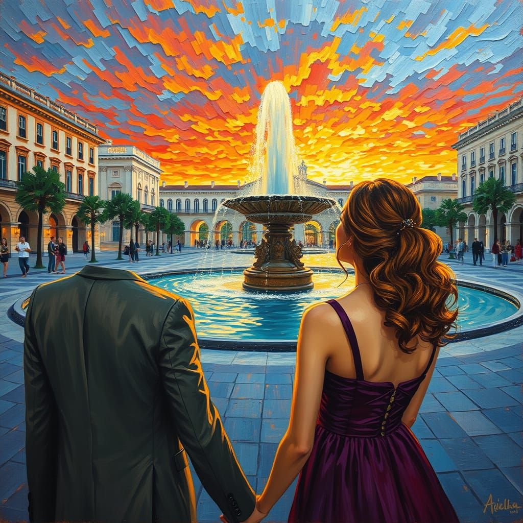Couple Gazing at Fountain: Impasto Painting in Van Gogh Styl...