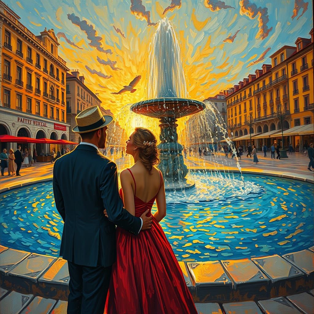 Couple Gazing at Fountain in Impasto Impressionism Style