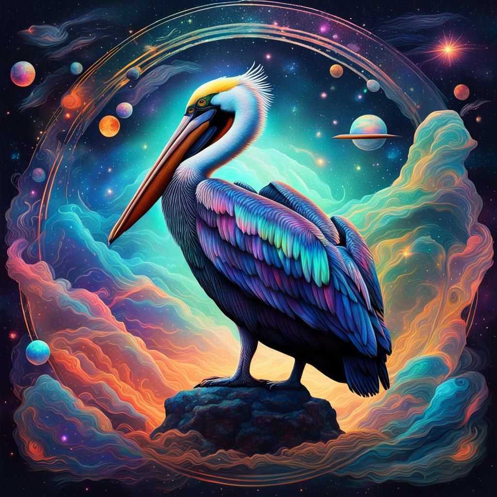 Cosmic Pelican: Holographic Astral Illustration