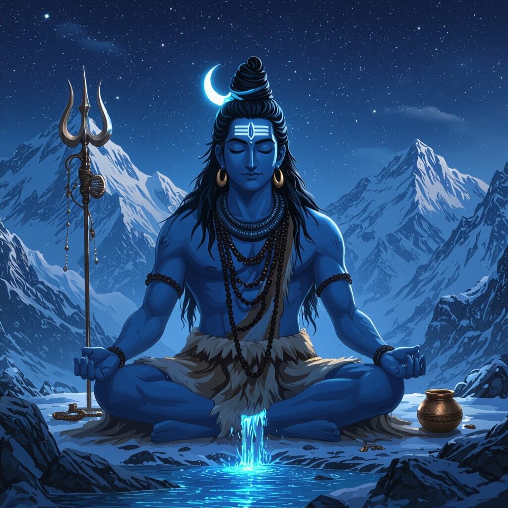 Lord Shiva Meditating in Himalayas with Blue Aura