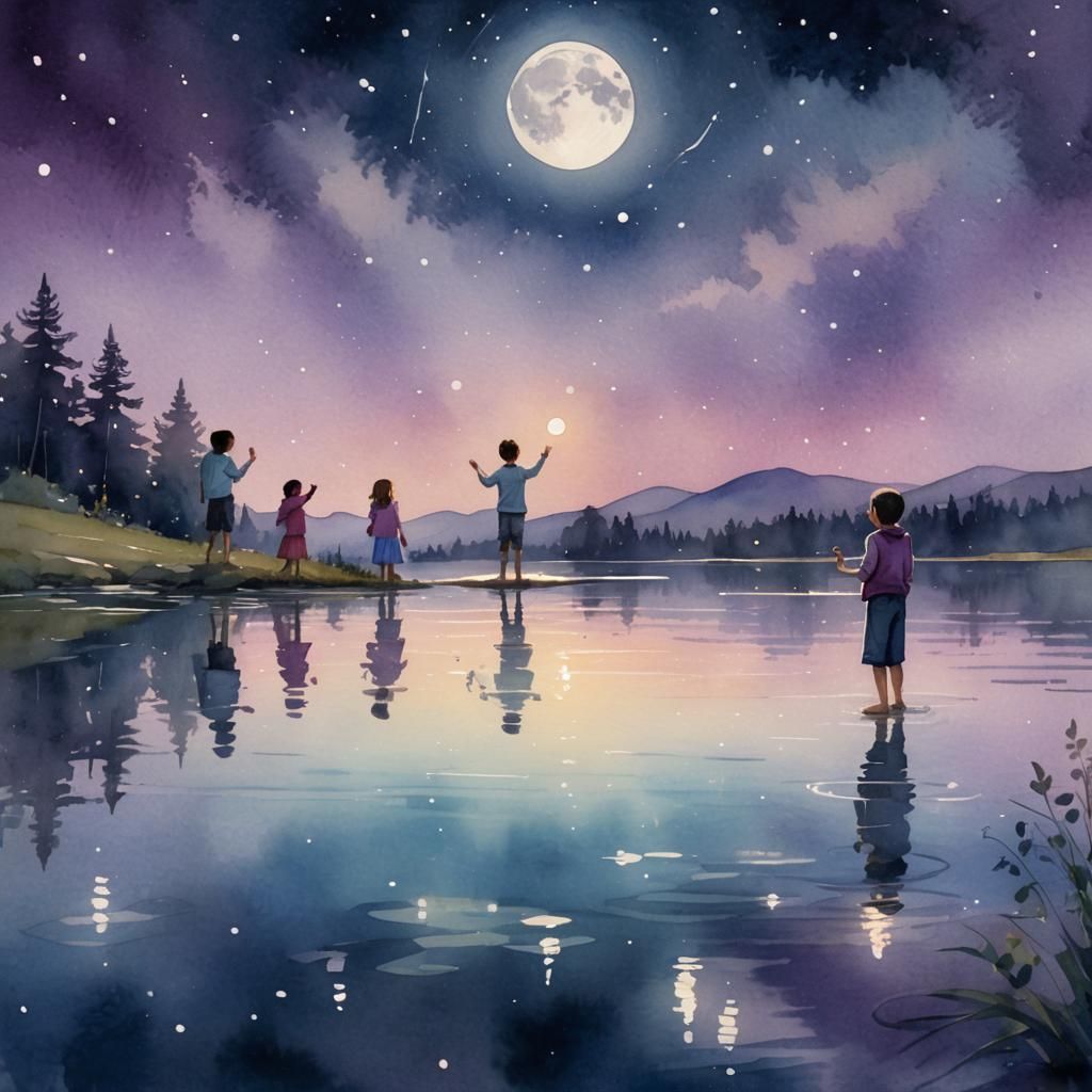 Moonlit Lake: Children's Water Play, Watercolor Art