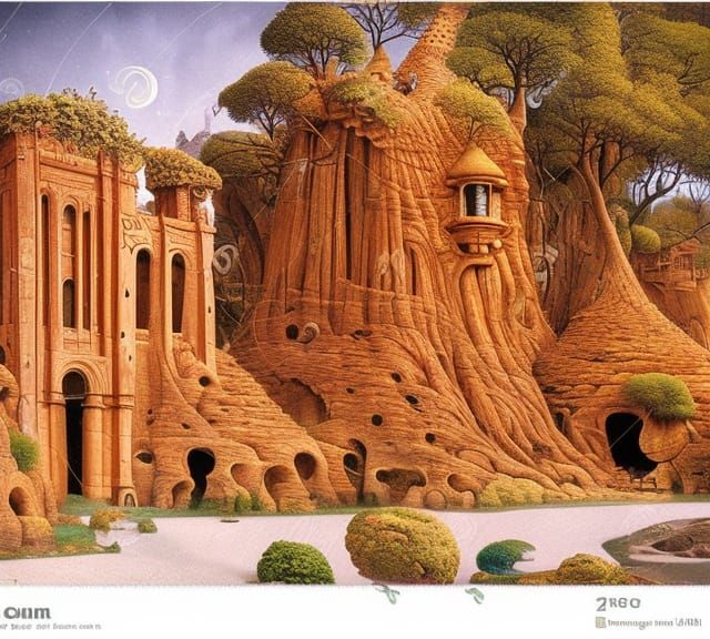 Cliffside Dwelling in Dreamlike Fantasy Landscape