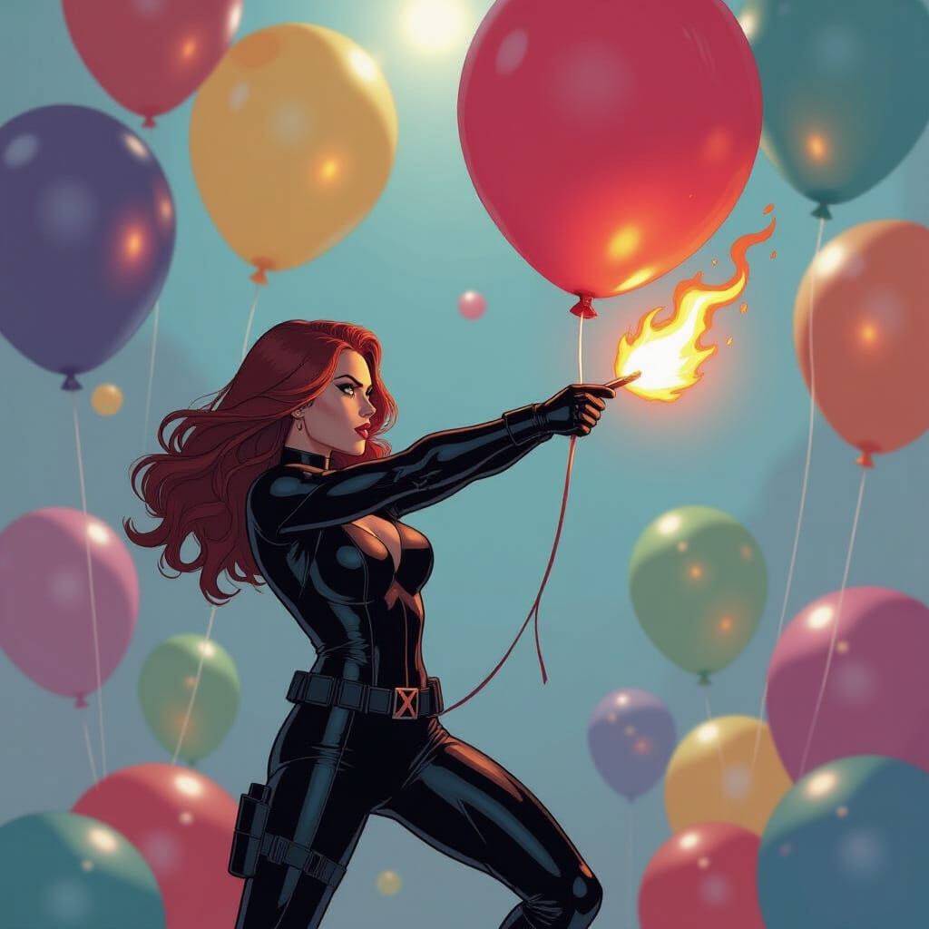 Black Widow with Flame and Party Balloons in Cinematic Style