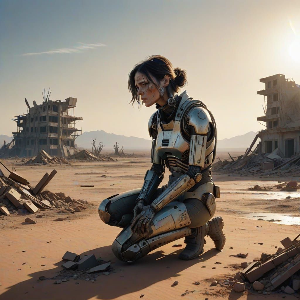 Desolate Post-Apocalyptic Woman in Gritty Cyberpunk Landscap...