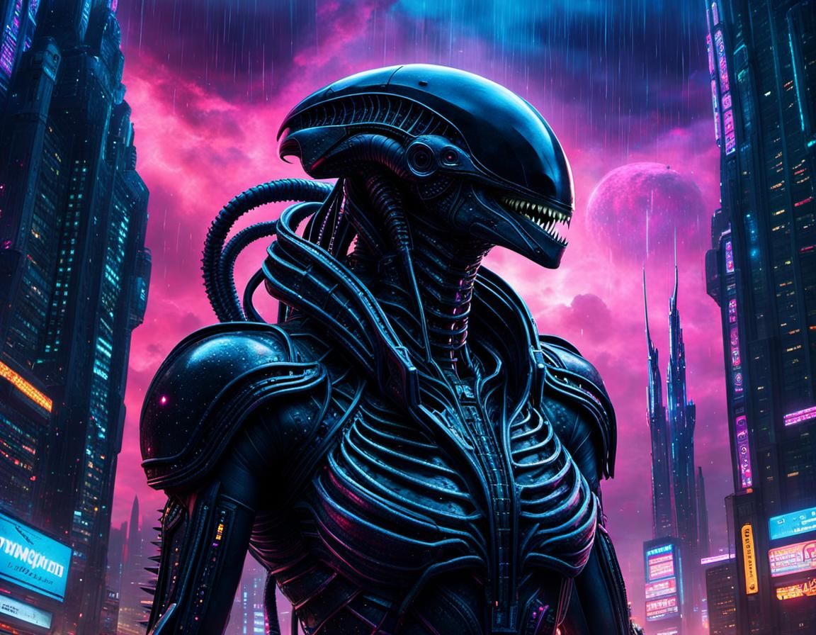 Xenomorph Queen Descends Over Cyberpunk City