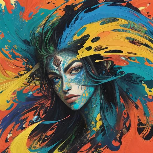 Dragon Peacock Woman Portrait in Abstract Expressionism