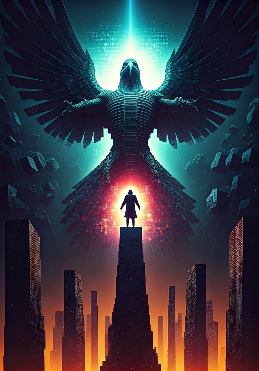 Techno-Wizard Summons Omega Thunderbird in Pixelated Data Ri...