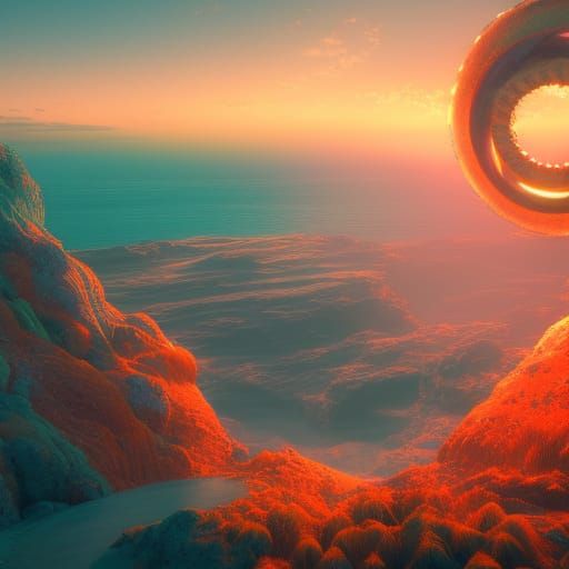 Eldritch Sunset Over Bay in Qajar Art Style