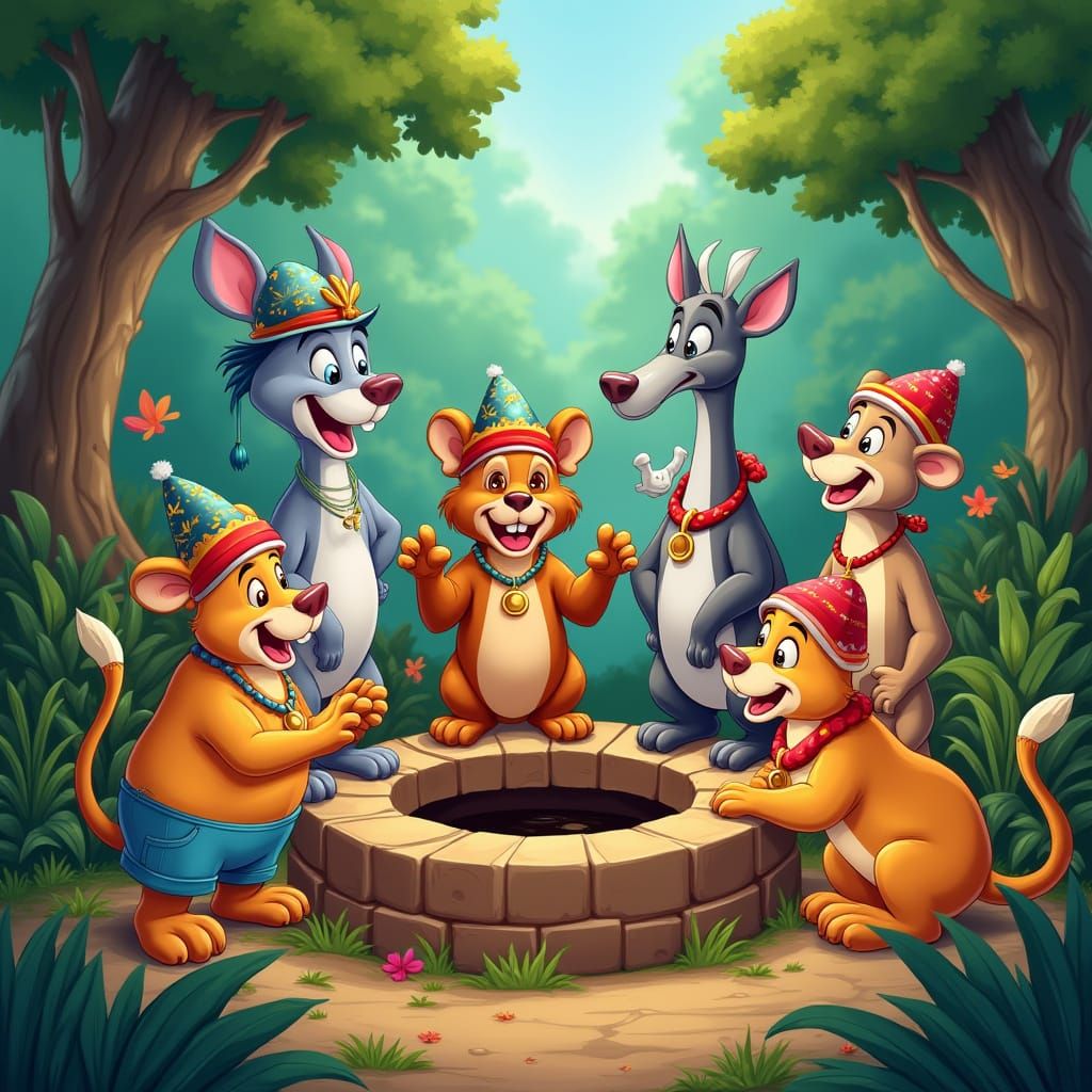 Joyful Jungle Well Celebration in Whimsical Disney Style