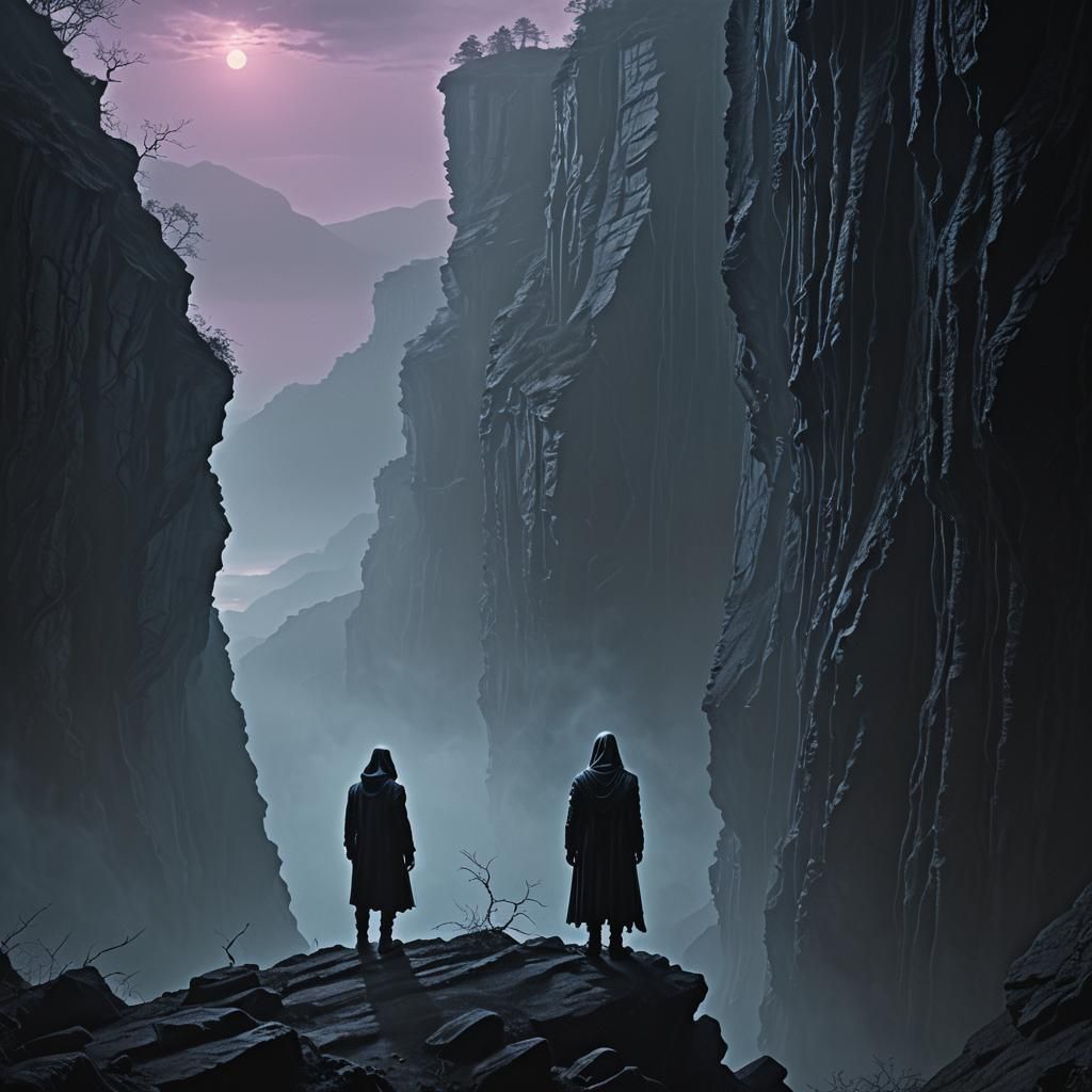 Ethereal Figure Balances on Cliff in Gothic Twilight