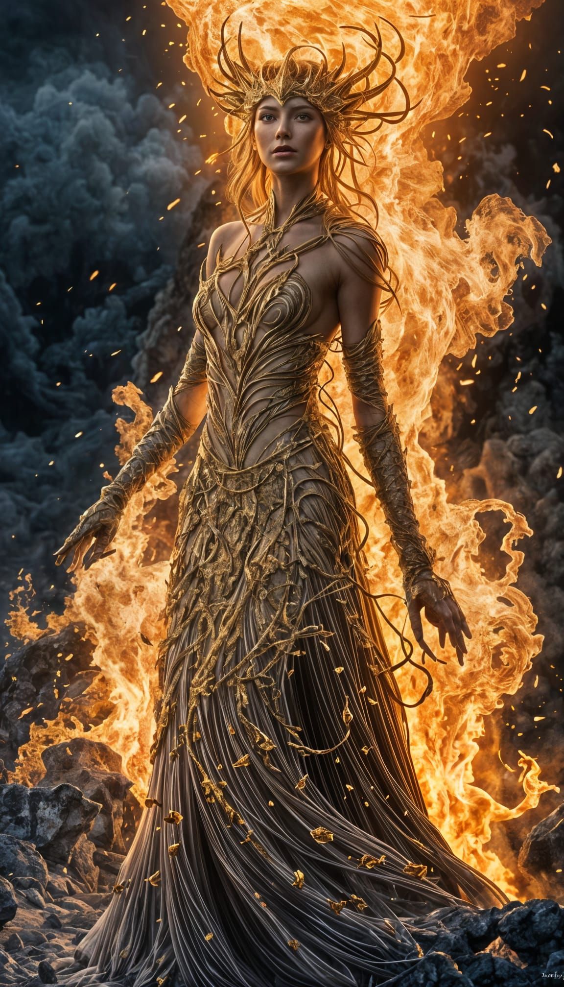 Hyper-Realistic Flame Goddess in Volcanic Landscape