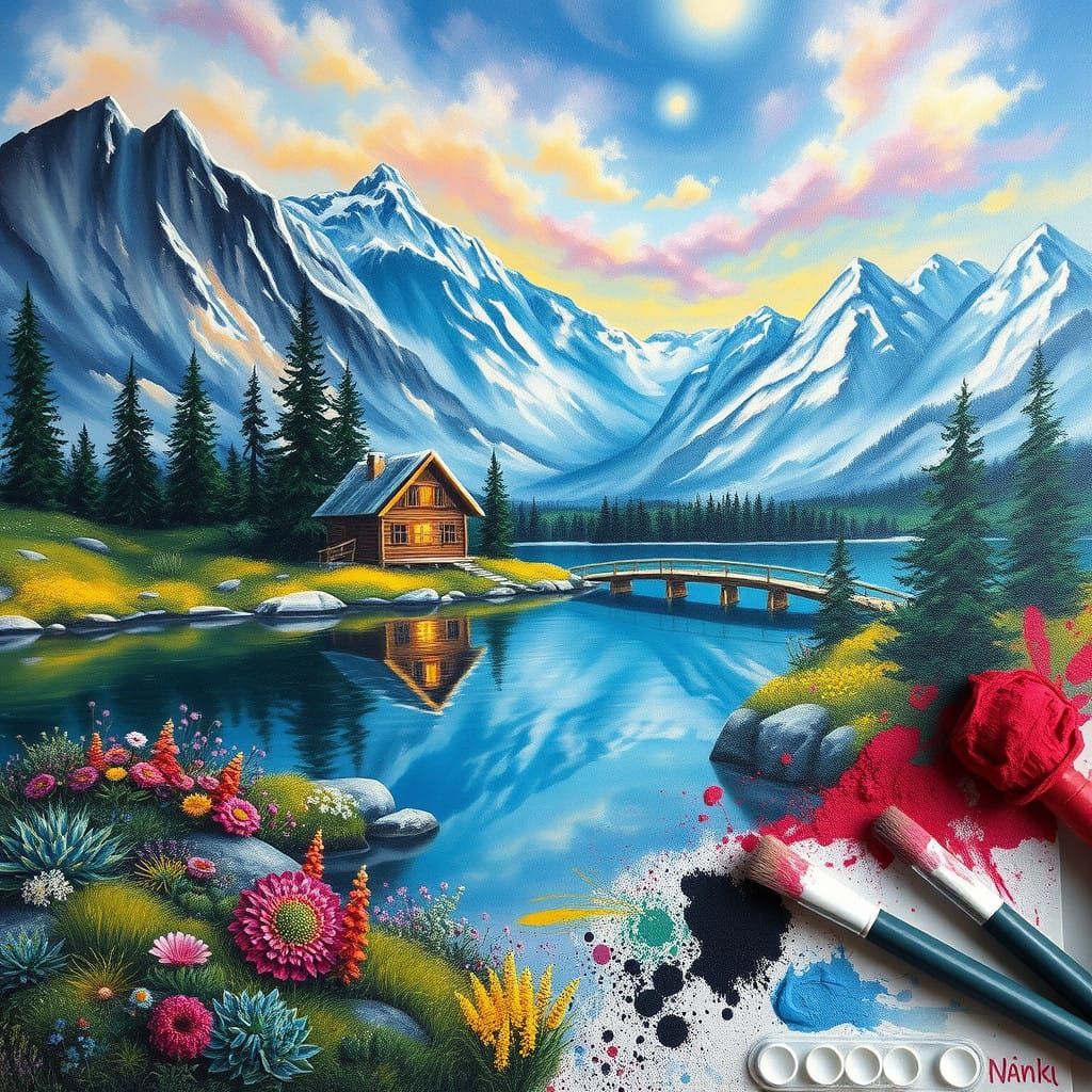 Surreal Landscape with Dreamy Lake and Wooden Cabin