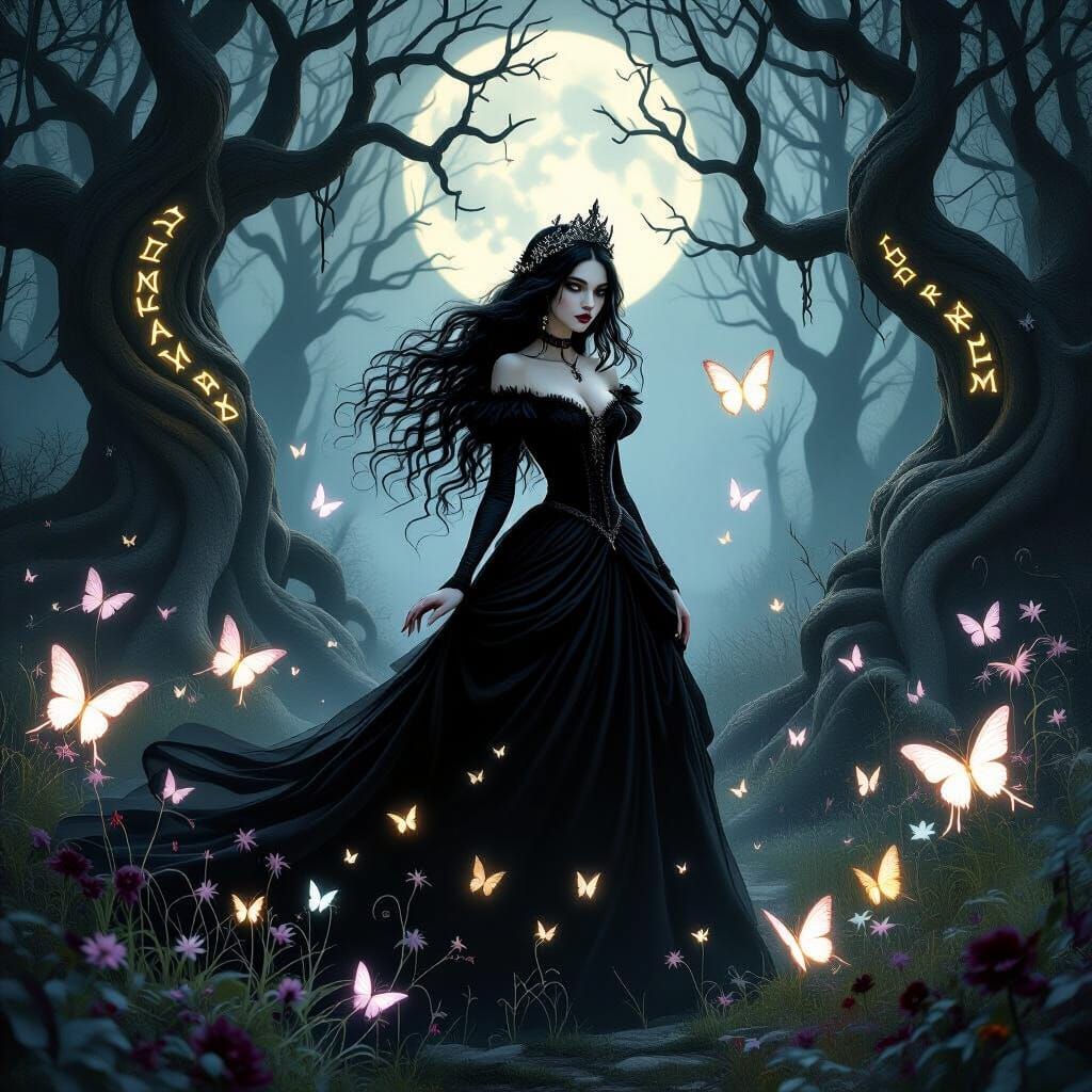 Gothic Princess in Moonlit Forest with Ethereal Butterflies
