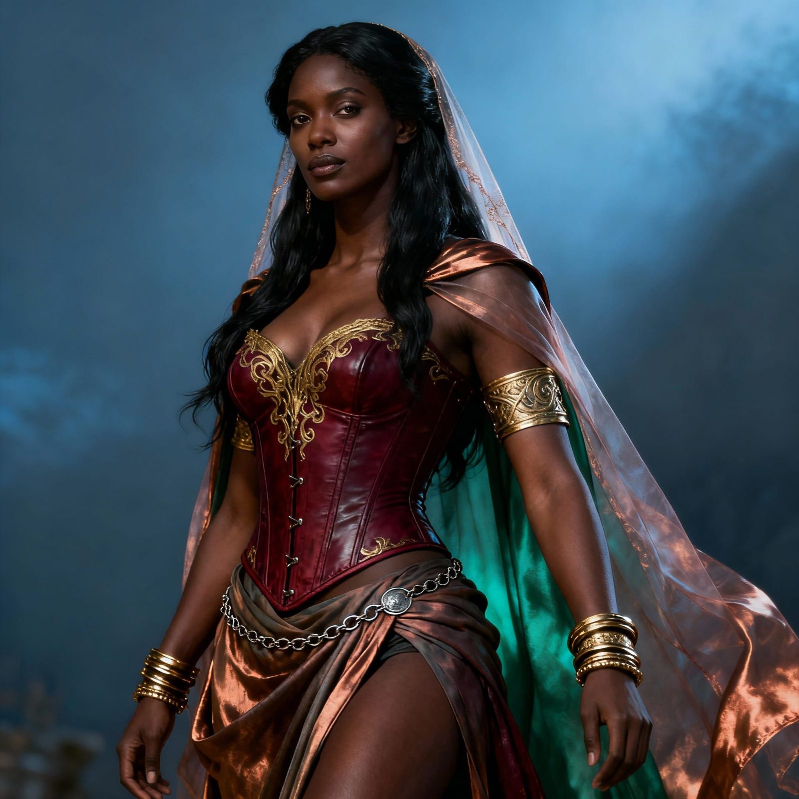 Dark-Skinned Fantasy Woman in Burgundy Corset