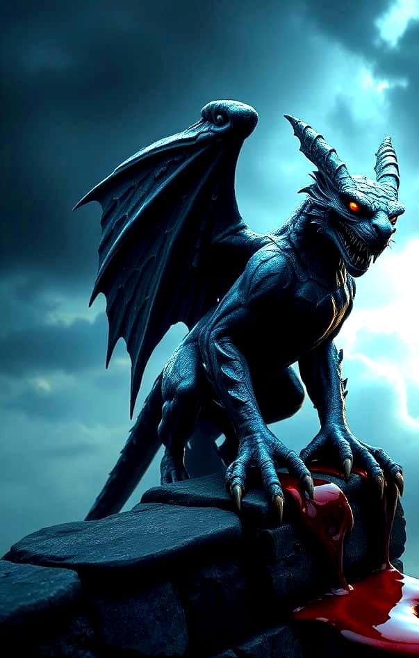 Gargoyle Ascends Amidst Bloody Ruins