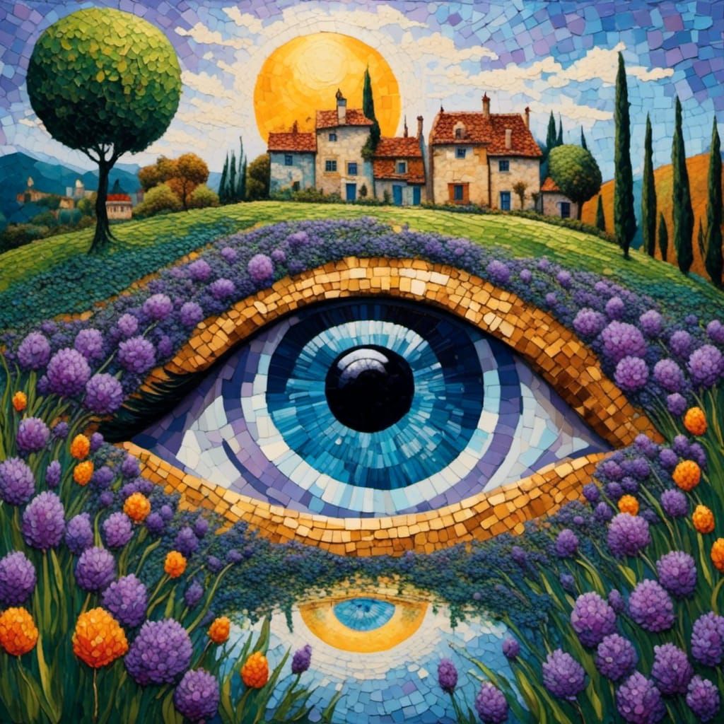 Surreal Eye Reflecting Provence in Impasto Style