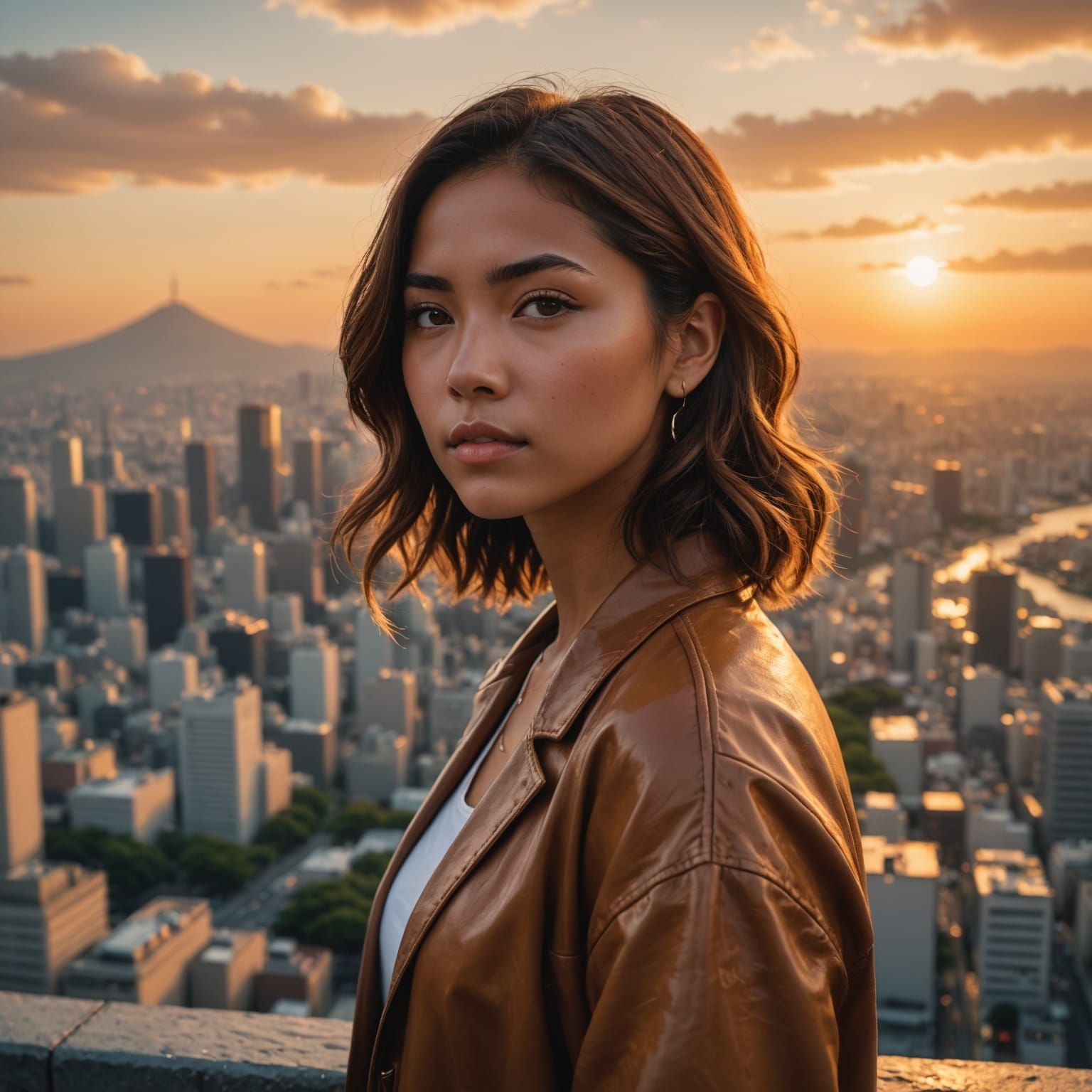Successful Hispanic Woman Stares Out at Japan's Sunset Citys...