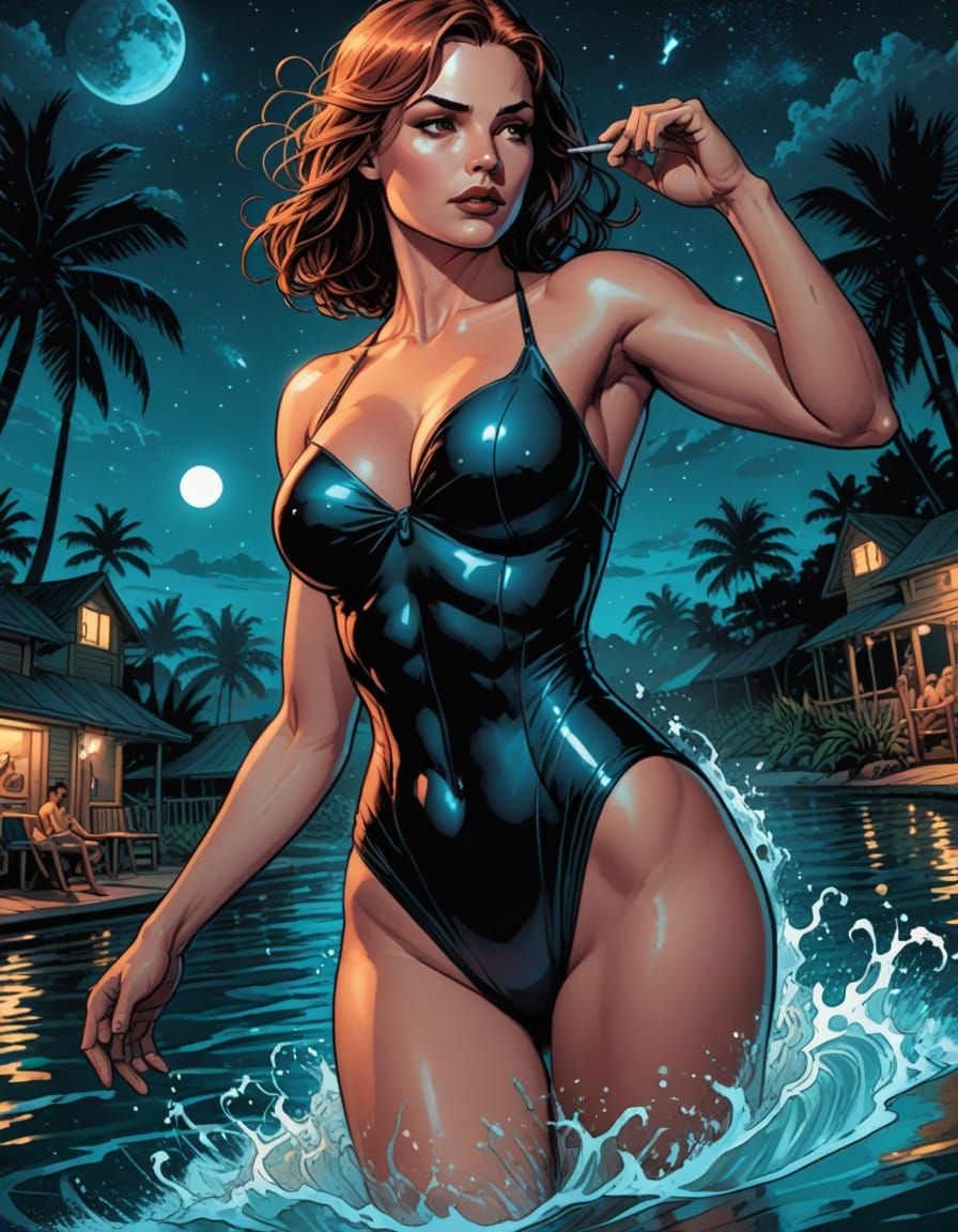Surreal Nighttime Scene with Diving Figure in Comic Book Art...