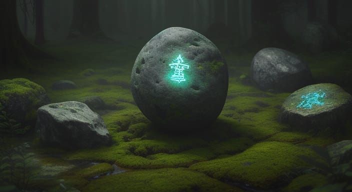 Mysterious Glowing Rune Stone in Ethereal Forest