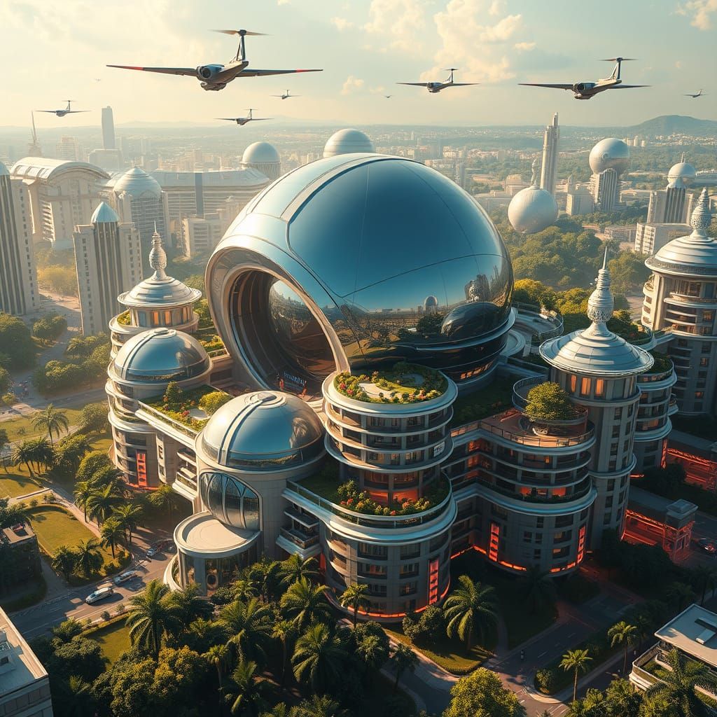 Sleek Futuristic Housing Complex with Domes and Spheres, Ins...