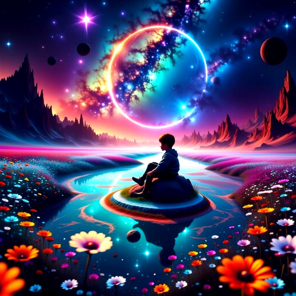 Boy Sits Serenely on Glowing Crescent Moon Amidst Vibrant Ce...