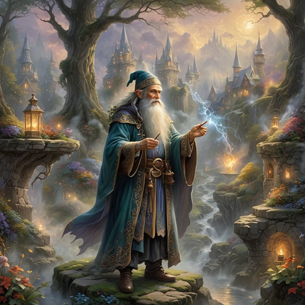 Ethereal Elf Wizard Casting Magic in Misty Fantasy