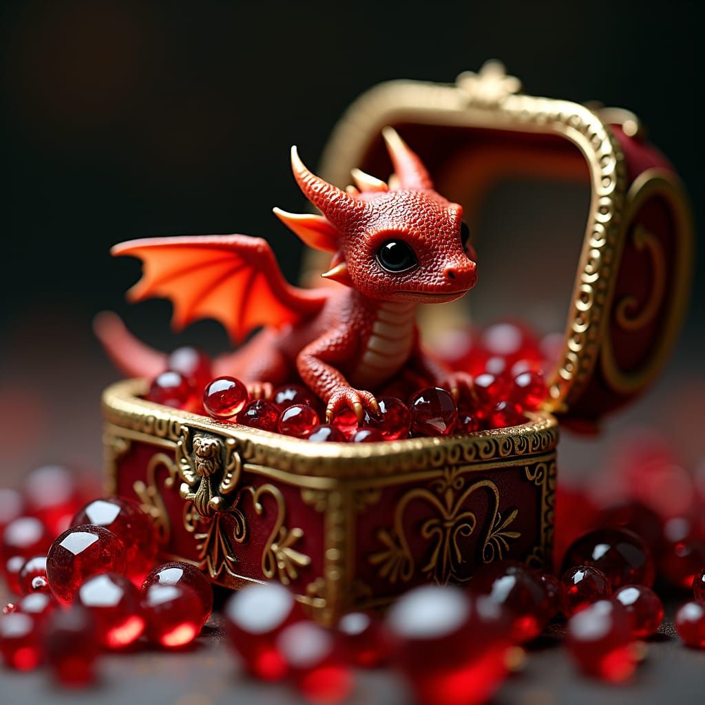 Miniature Ruby Dragon in Antique Jewelry Box