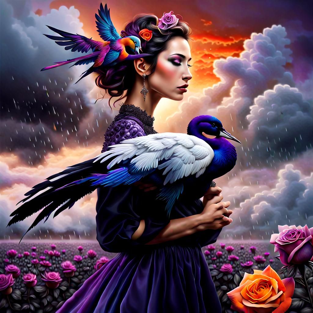 Woman with Iridescent Bird in Fantastical Landscape