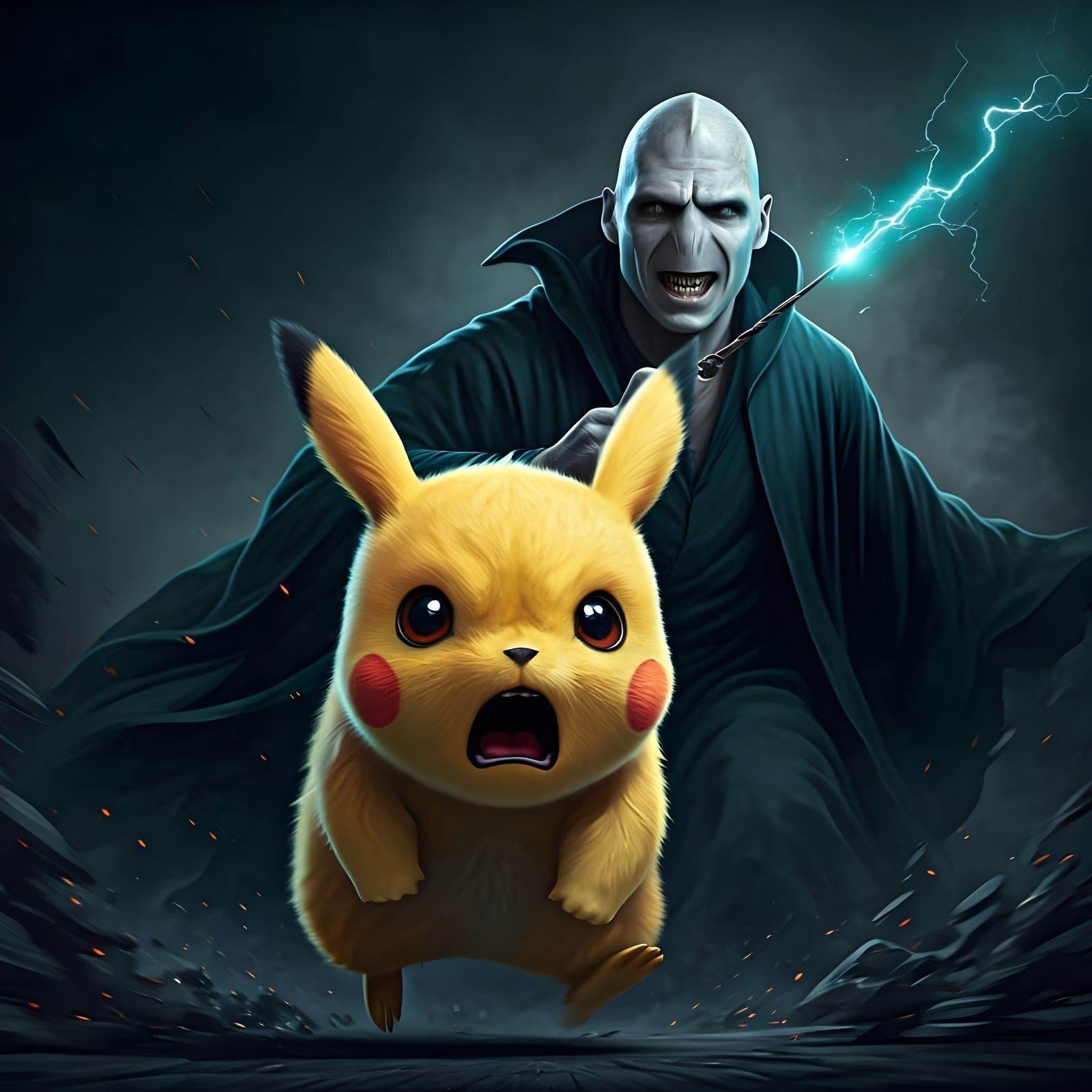 Pikachu Fleds from Voldemort in a Hyperrealistic Nightmare