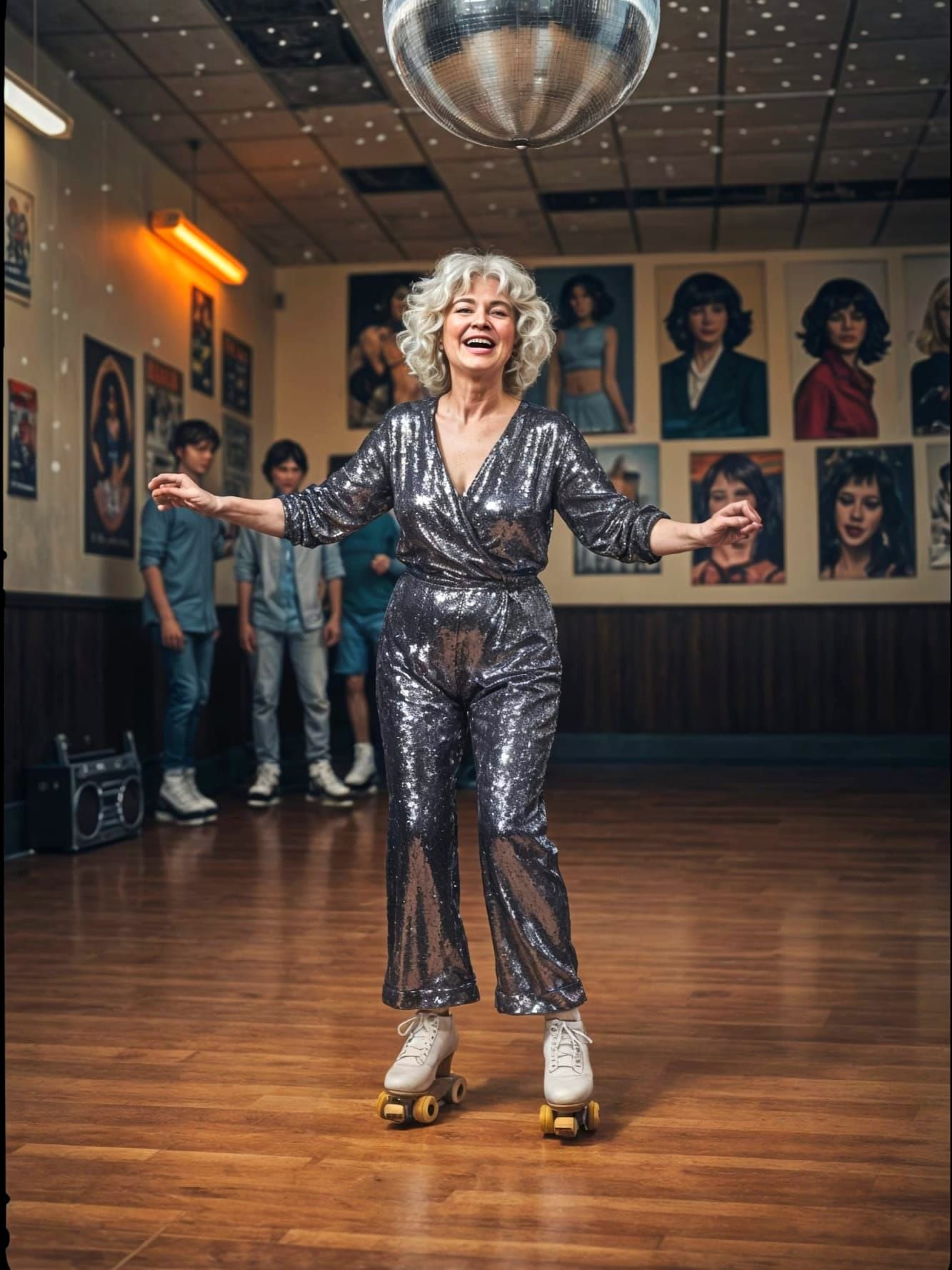 Elderly Woman Roller Skating in Retro Roller Rink