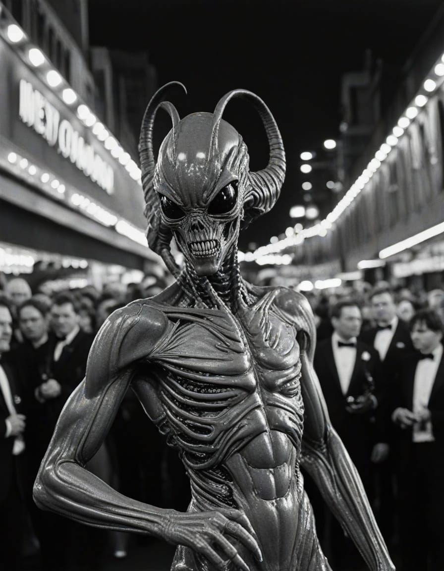 Glamorous Xenomorph Struts Oscars Red Carpet in B&W Silver N...