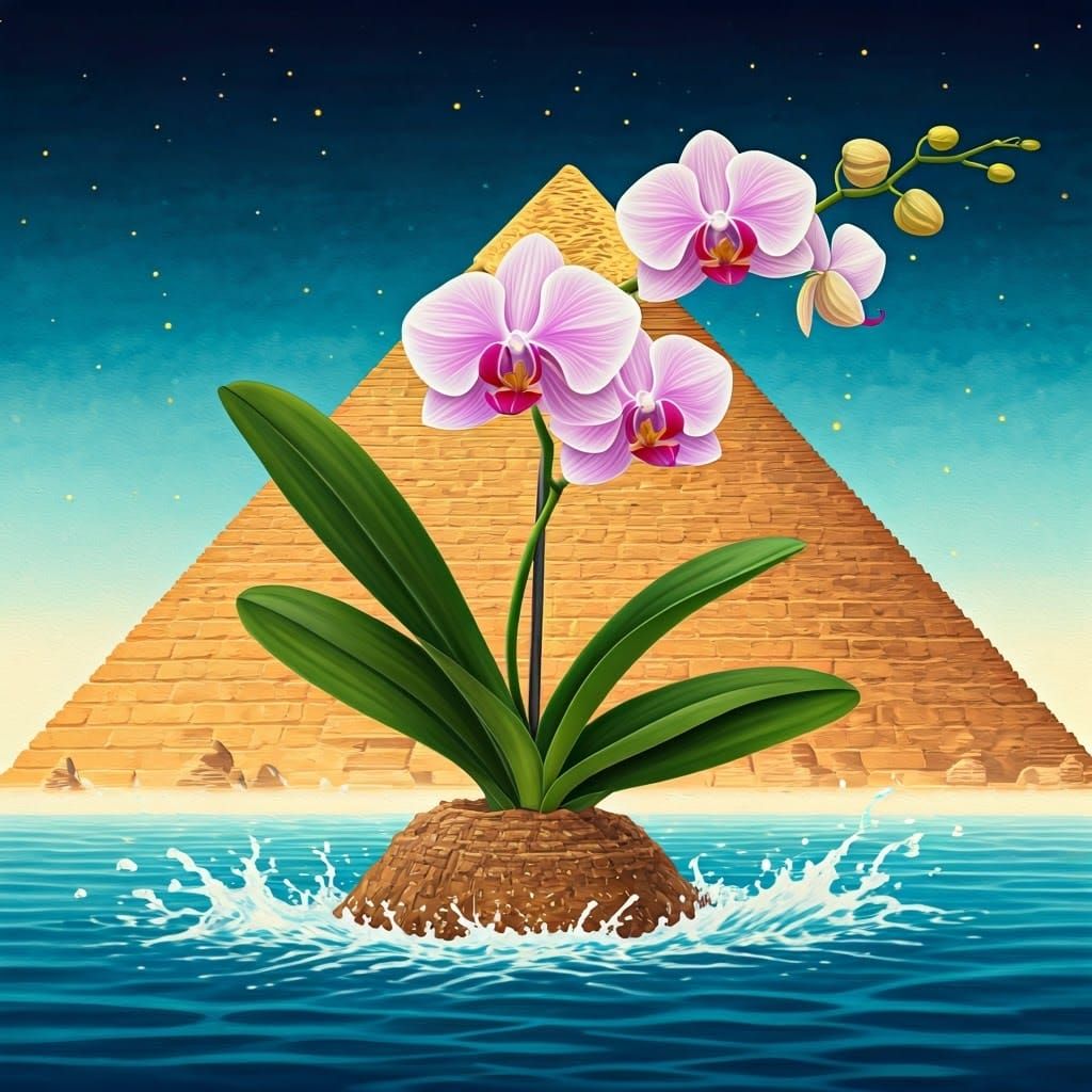 Orchid and Giza Pyramids in Watercolor Style