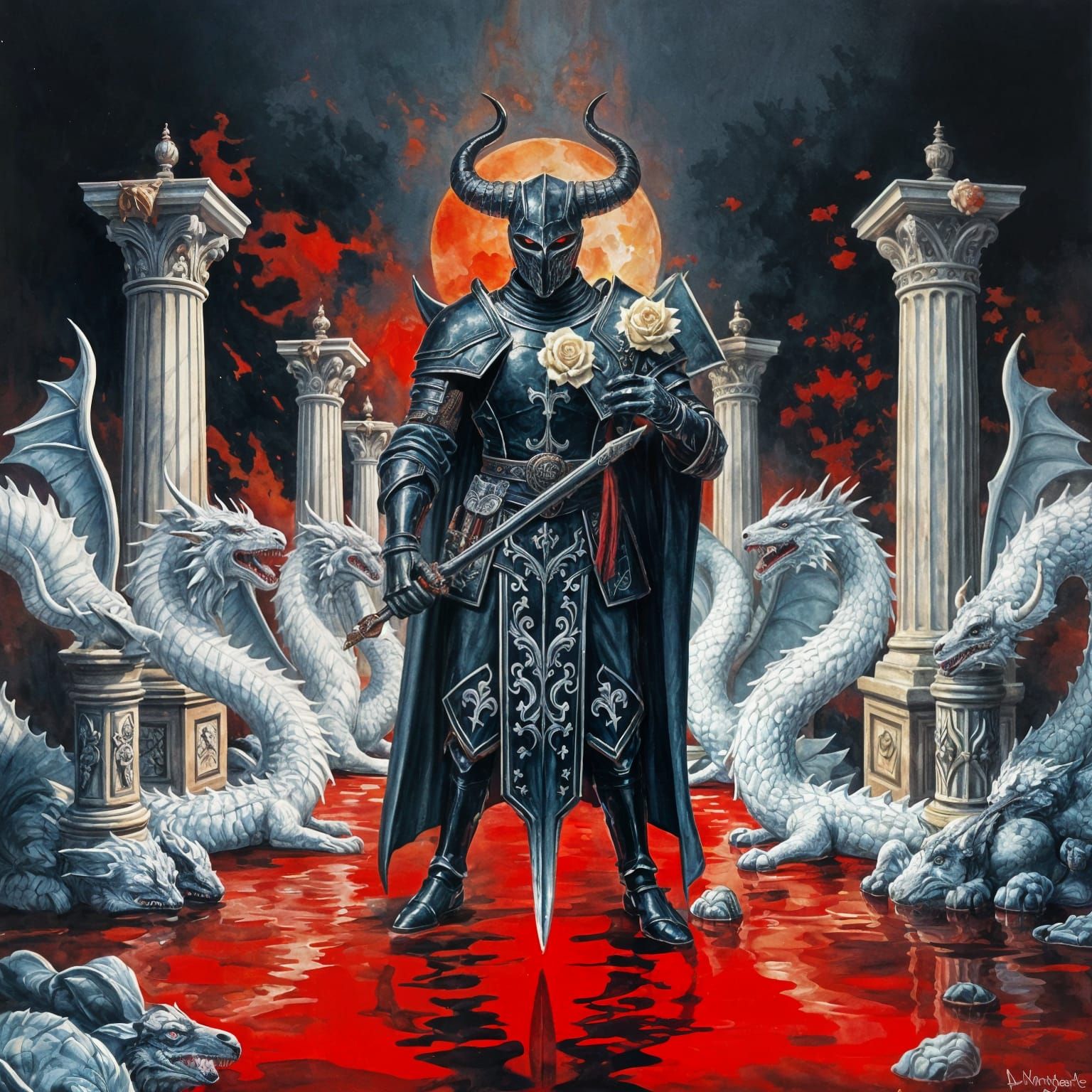 Gothic Knight in Dragonscape as Gouache Painting