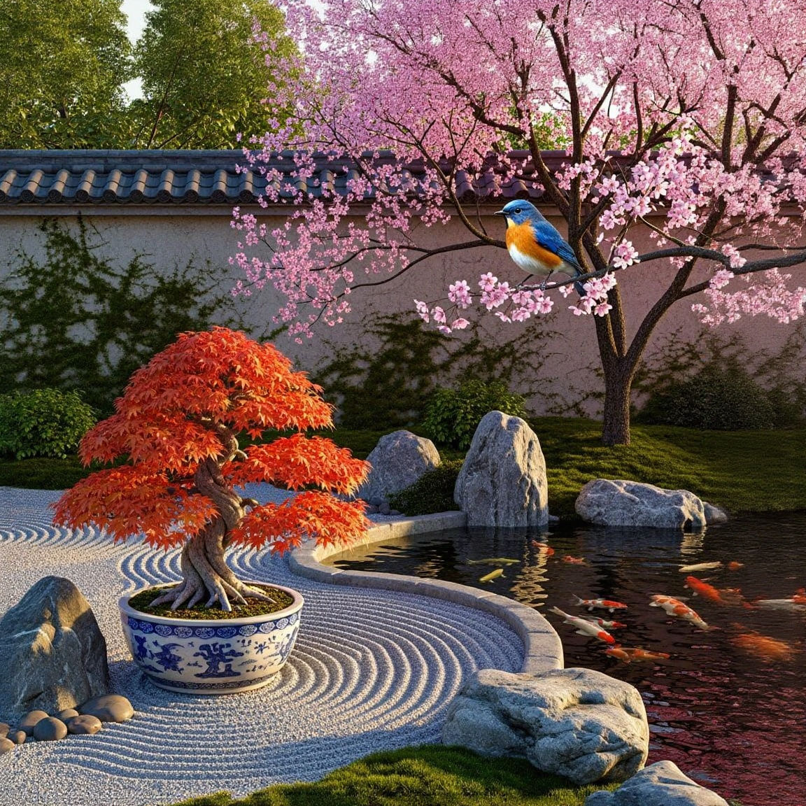 Ancient Bonsai Maple in Zen Garden by Koi Pond