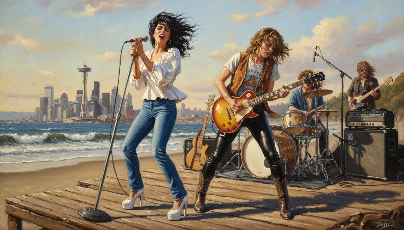 Rock Stars Perform on Seattle Beach Stage in 1977 Oil Painti...