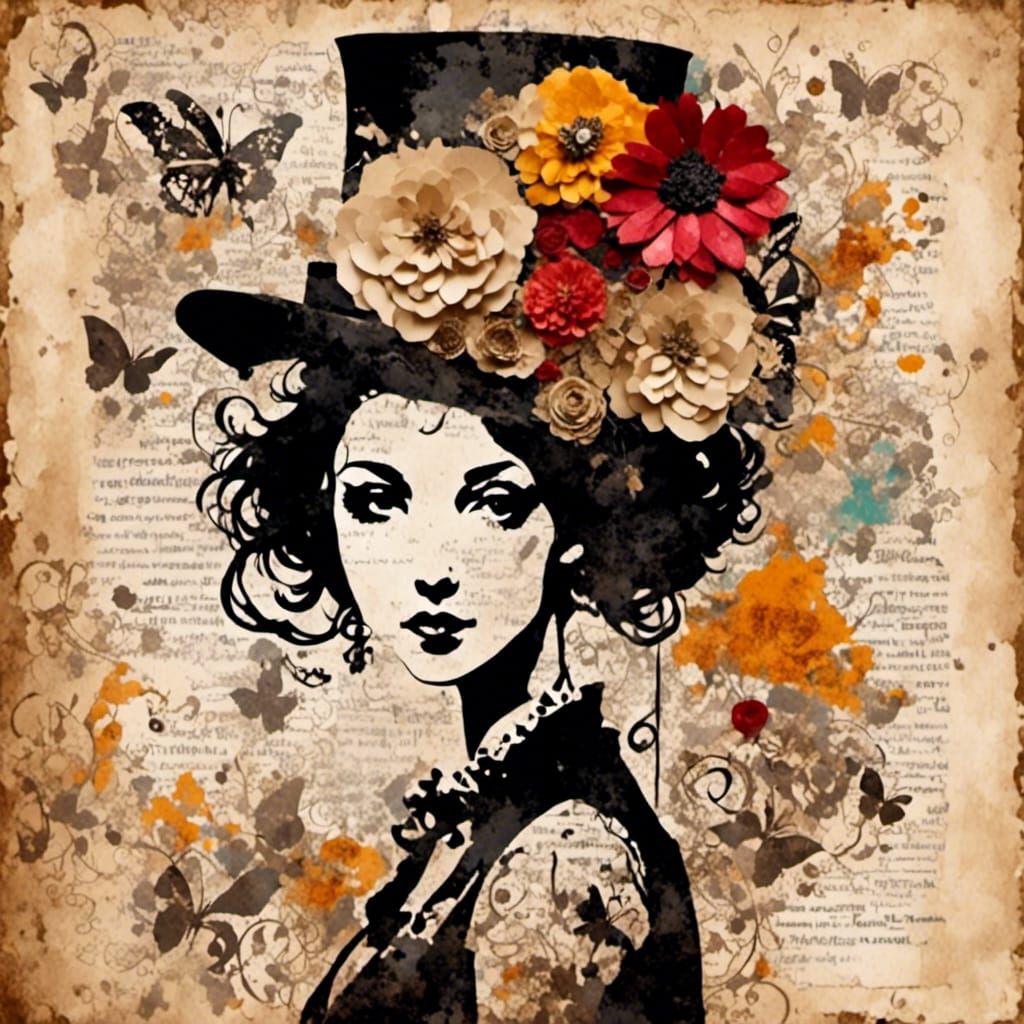 Girl in Top Hat Silhouette Mixed Media Collage