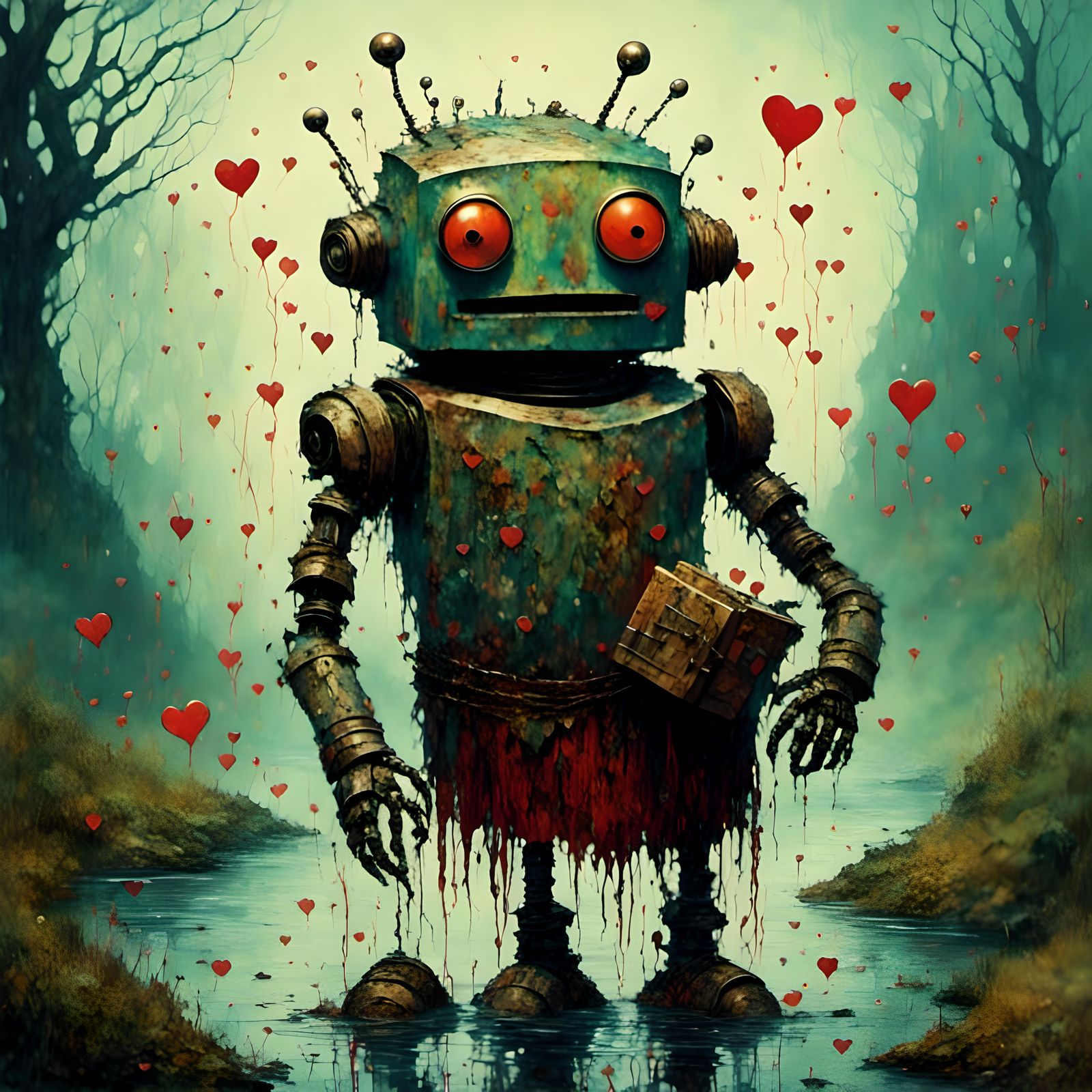 Robot Plays Bagpipes for Nessie in Comic Book Style