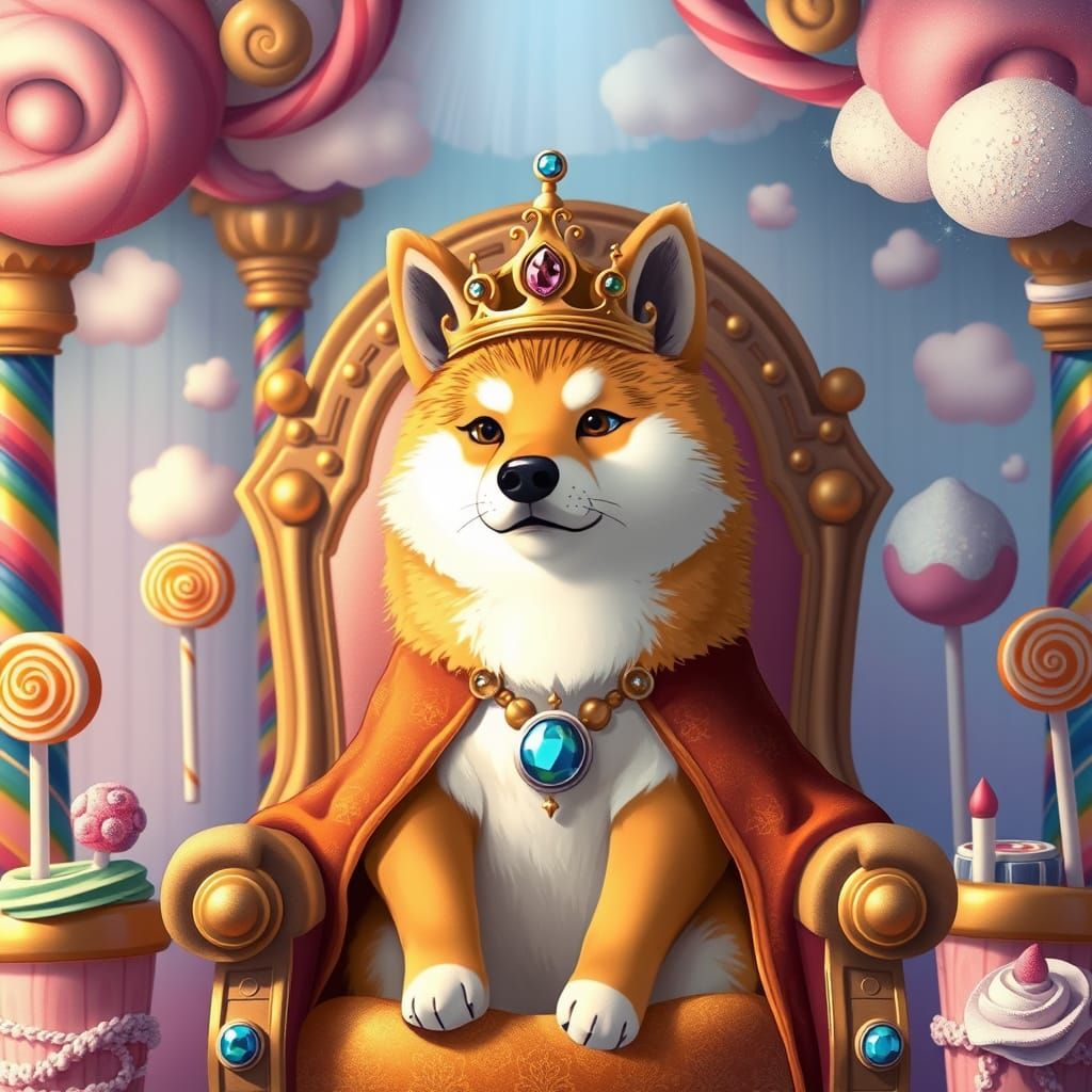 Shiba Inu King in Candy Palace, Fairytale Illustration