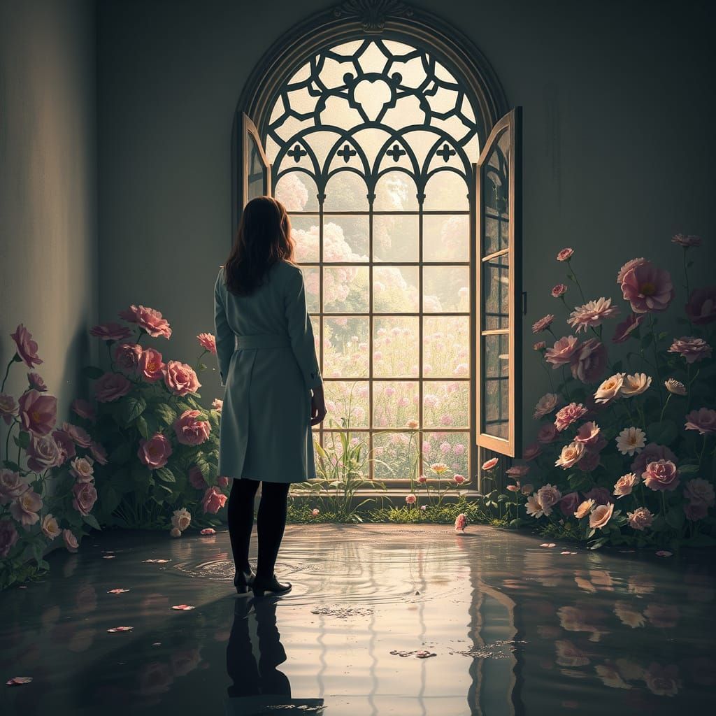 Dreamlike Garden View Through Flooded Room
