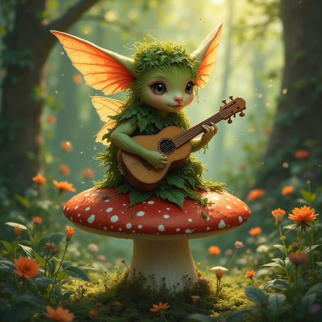 Enchanted Forest Sprite Plays Lute in Sunlight