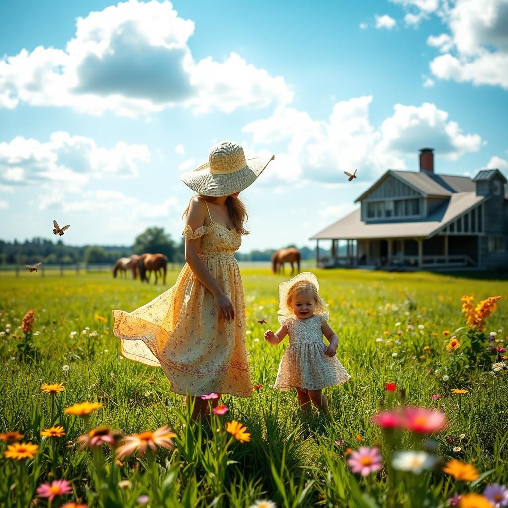 Woman and Child Gardening in Sunny Meadow