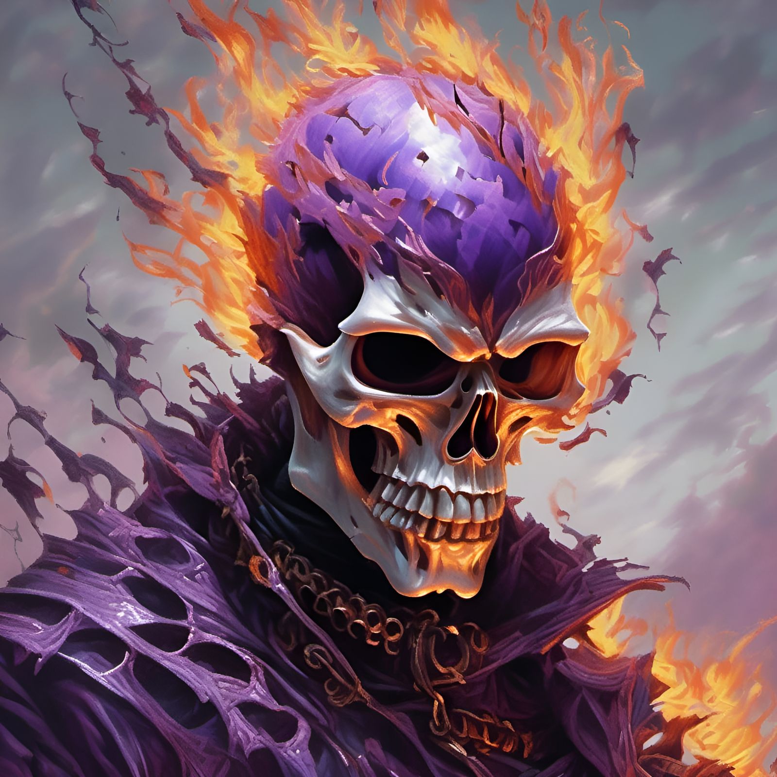 Flaming Purple Ghost Rider Skull Portrait