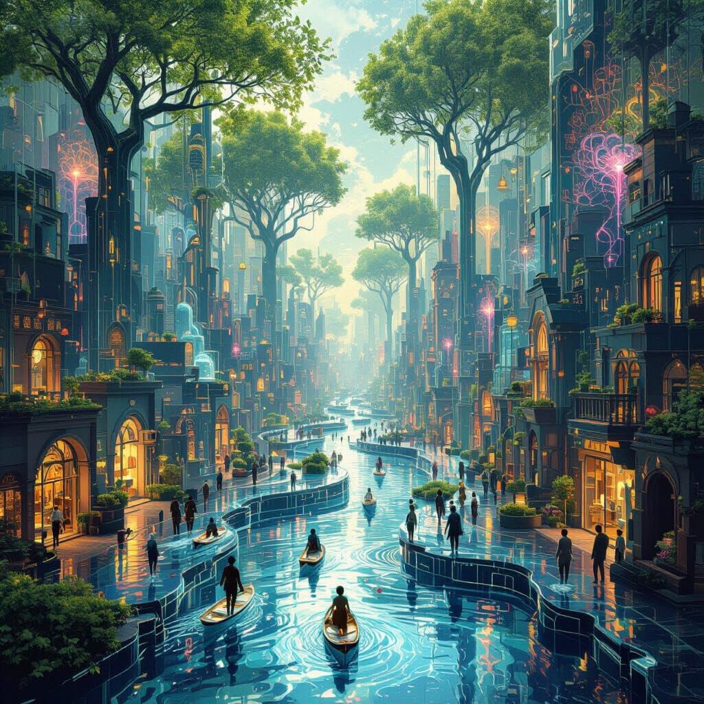 Liquid Glass Cityscape with Floating Rivers and Inverted Tre...