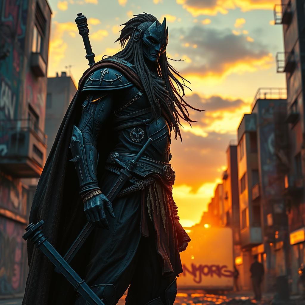 Hero in Graffiti Cityscape with HDR Details