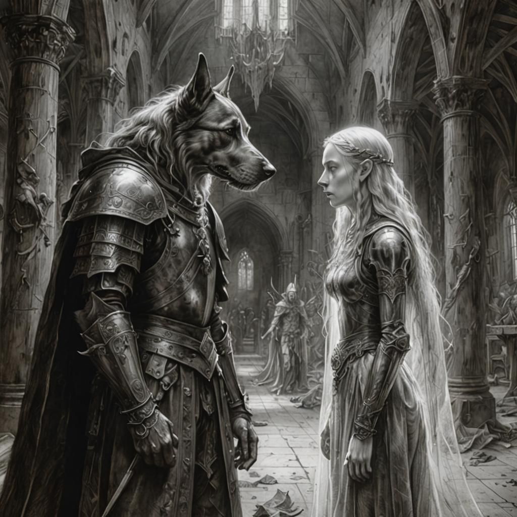 Dog Warrior and Elf Ghost, Durer-Style Charcoal