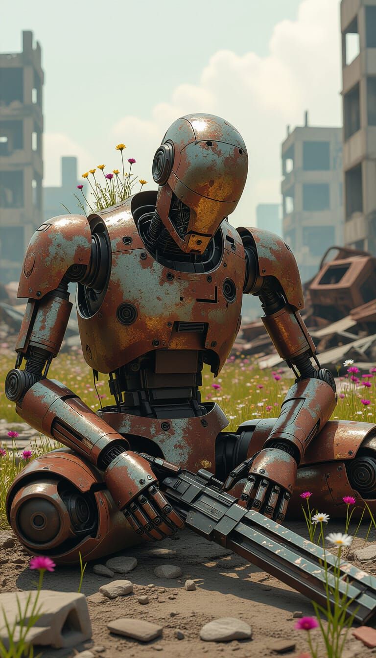 Rusted Robot in Ruined City: Post-Apocalyptic Digital Art
