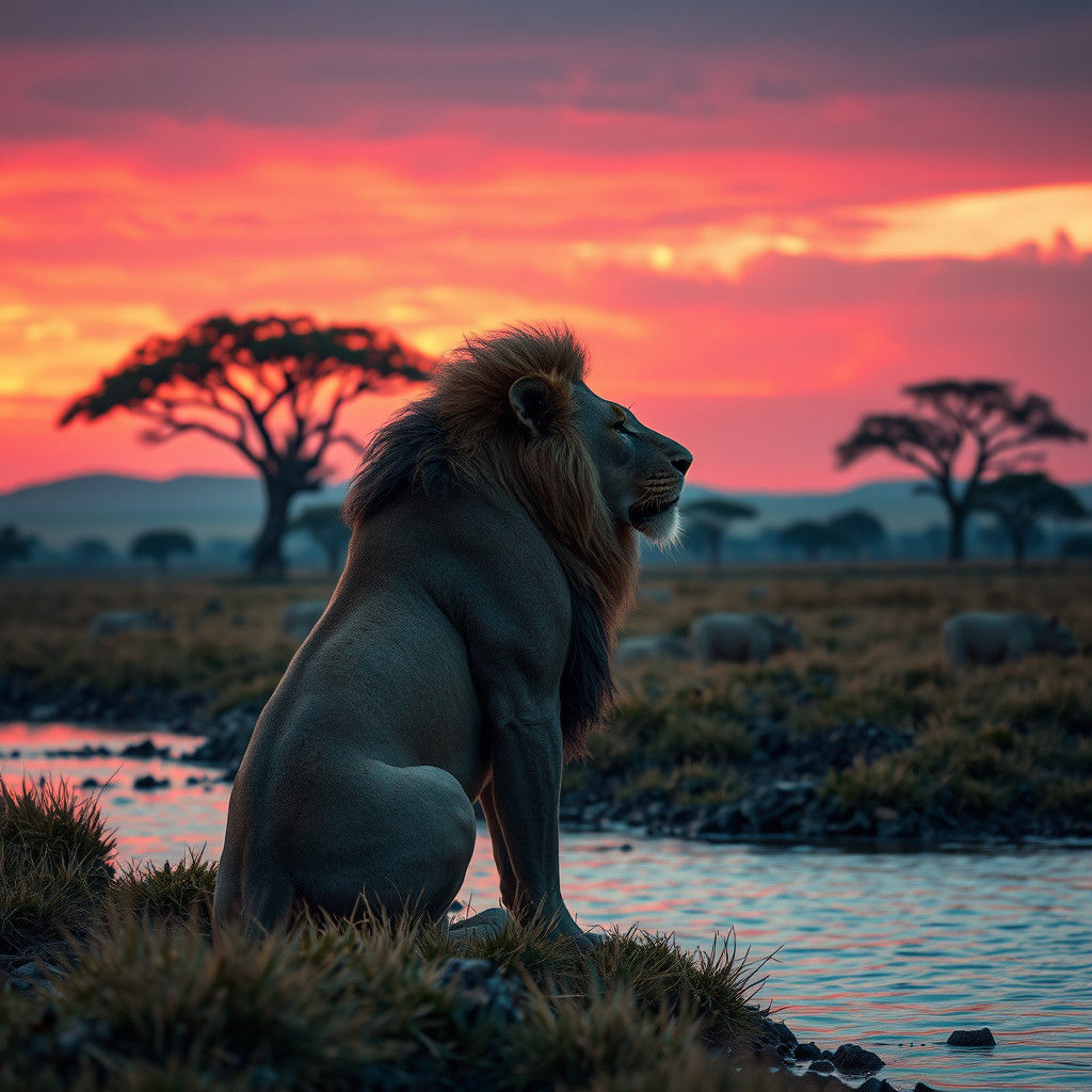 Majestic Lion Contemplates Serengeti at Dusk