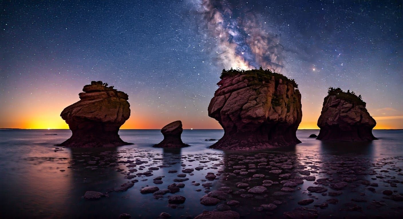 Glowing Flower Pot Rocks Under the Bay of Fundy Night Sky