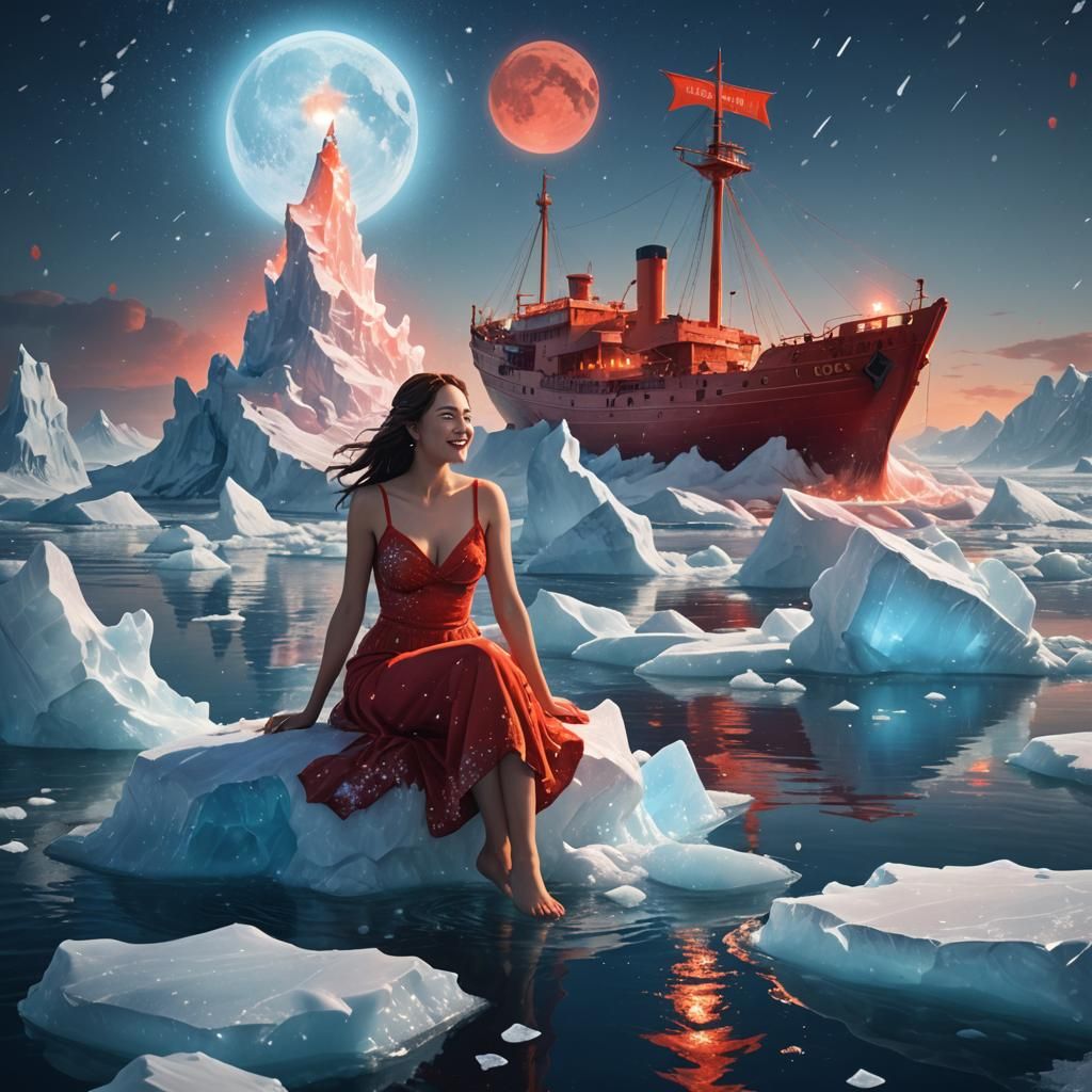 Red Ship on Iceberg: Vibrant Concept Art